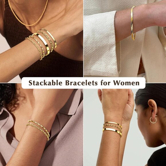 Women’s 5PC Gold Bracelet Set Non-Tarnish Hypoallergenic Waterproof Stainless St - Picture 5 of 9